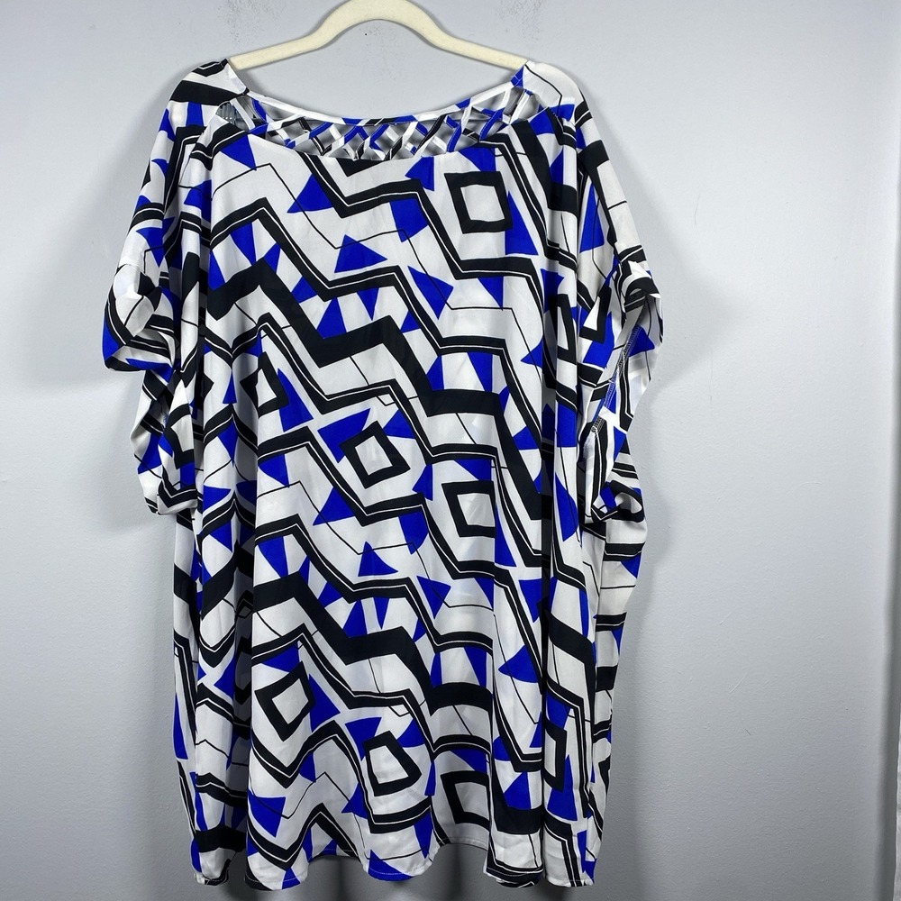 Apt 9 Blouse Women 4X Blue Geometric Lattice Back Zip Front Short Sleeve Top - Picture 3 of 6
